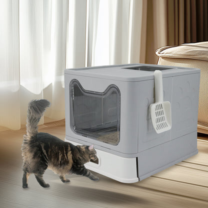 Stainless Steel Cat Litter Box w/ Scoop Enclosed Drawer Litter Box Odorless Gray