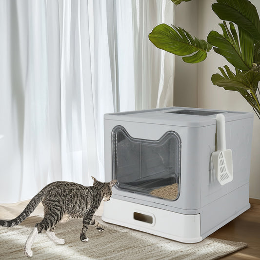 Stainless Steel Cat Litter Box w/ Scoop Enclosed Drawer Litter Box Odorless Gray