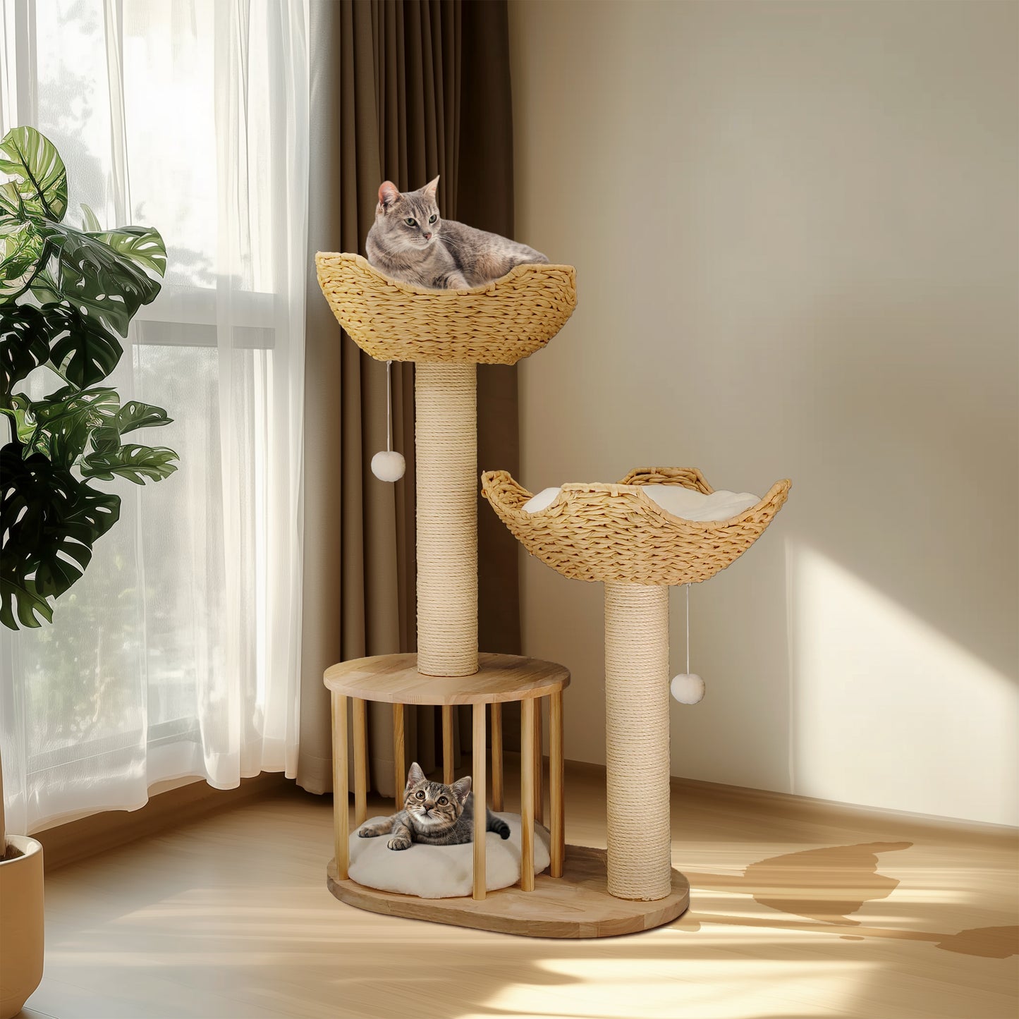 Cat Tower Tree: 3-tier Cat Tree Activity Tower Condo Furniture with Plush Cushion Cozy Rest Dangling Ball Sisal Scratching Post for Indoor Cats