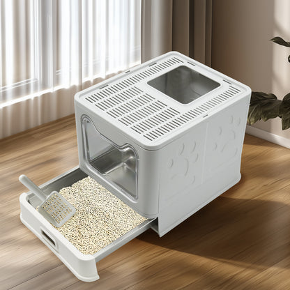 Stainless Steel Cat Litter Box w/ Scoop Enclosed Drawer Litter Box Odorless Gray