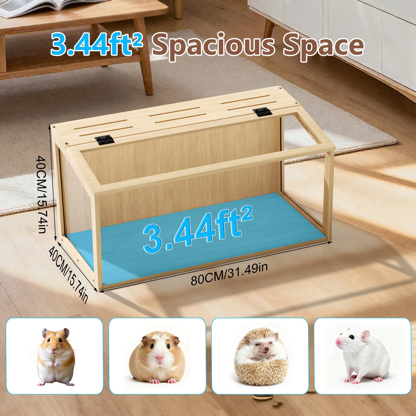 Chew-proof Hamster Cage: Indoor Wooden Hamster Cage with Clear Tempered Glass Panel, Built-in Light, Tabletop Hamsters Habitat Enclosure for Pets