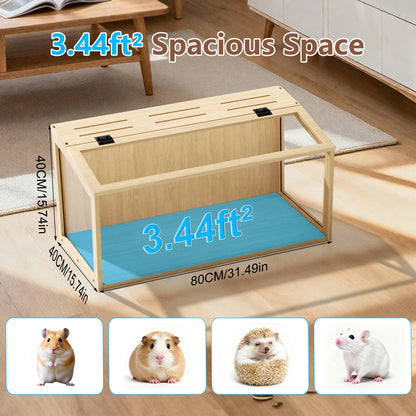 Chew-proof Hamster Cage: Indoor Wooden Hamster Cage with Clear Tempered Glass Panel, Built-in Light, Tabletop Hamsters Habitat Enclosure for Pets