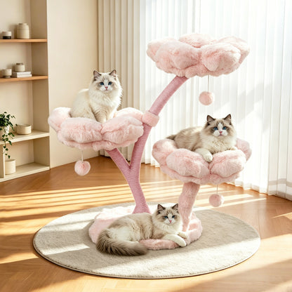 Indoor Cat Tower Tree Modern Pink Vertical Cat Tree Activity Center for Cats, Compact Multi-Level Cat Tree Furniture with Cushioned Flower Platforms, Scratching Trunk