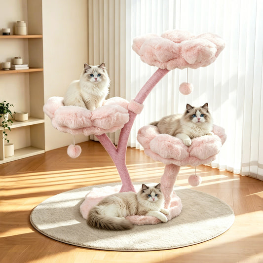 Indoor Cat Tower Tree Modern Pink Vertical Cat Tree Activity Center for Cats, Compact Multi-Level Cat Tree Furniture with Cushioned Flower Platforms, Scratching Trunk