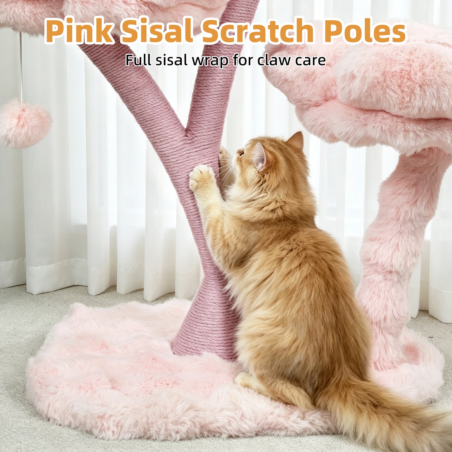 Indoor Cat Tower Tree Modern Pink Vertical Cat Tree Activity Center for Cats, Compact Multi-Level Cat Tree Furniture with Cushioned Flower Platforms, Scratching Trunk