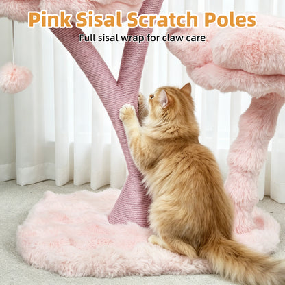 Indoor Cat Tower Tree Modern Pink Vertical Cat Tree Activity Center for Cats, Compact Multi-Level Cat Tree Furniture with Cushioned Flower Platforms, Scratching Trunk