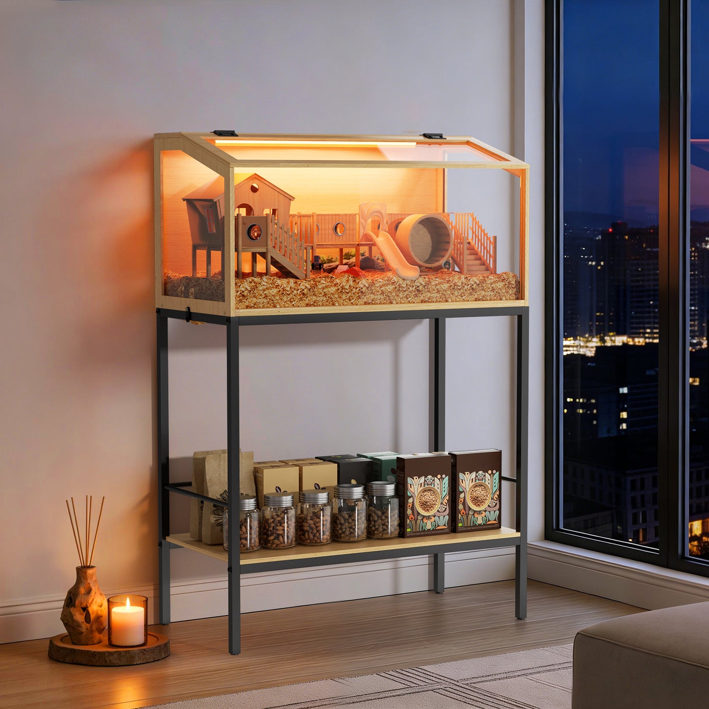Hamster Cage with Stand: Indoor Wooden Hamster Cage Habitat Enclosure with Shelf Clear Tempered Glass Panel, Built-in LED Lights, for Gerbil, Hedgehog, Chew-proof