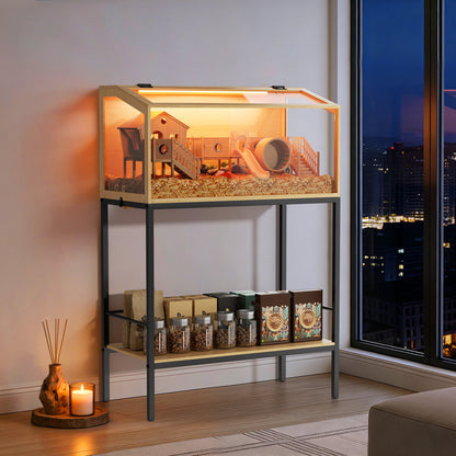 Hamster Cage with Stand: Indoor Wooden Hamster Cage Habitat Enclosure with Shelf Clear Tempered Glass Panel, Built-in LED Lights, for Gerbil, Hedgehog, Chew-proof