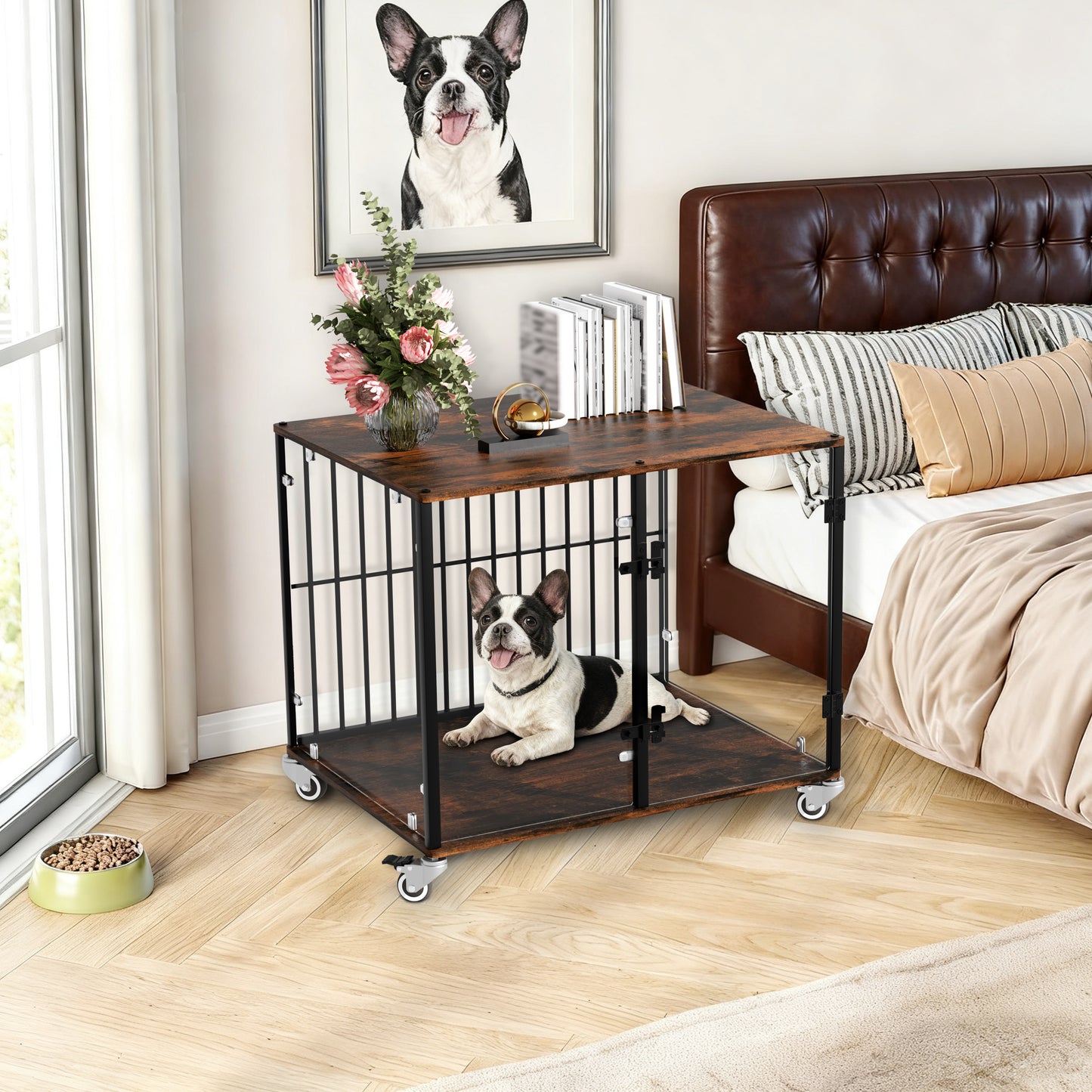 2025 Dog Crate Furniture: Self-Innovative Furniture Style Tempered Glass Dog Cage w/ Side Table Iron Ventilated Bars, Anti-bite Pet Kennel Indoor