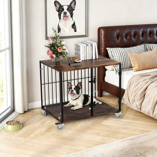 2025 Dog Crate Furniture: Self-Innovative Furniture Style Tempered Glass Dog Cage w/ Side Table Iron Ventilated Bars, Anti-bite Pet Kennel Indoor