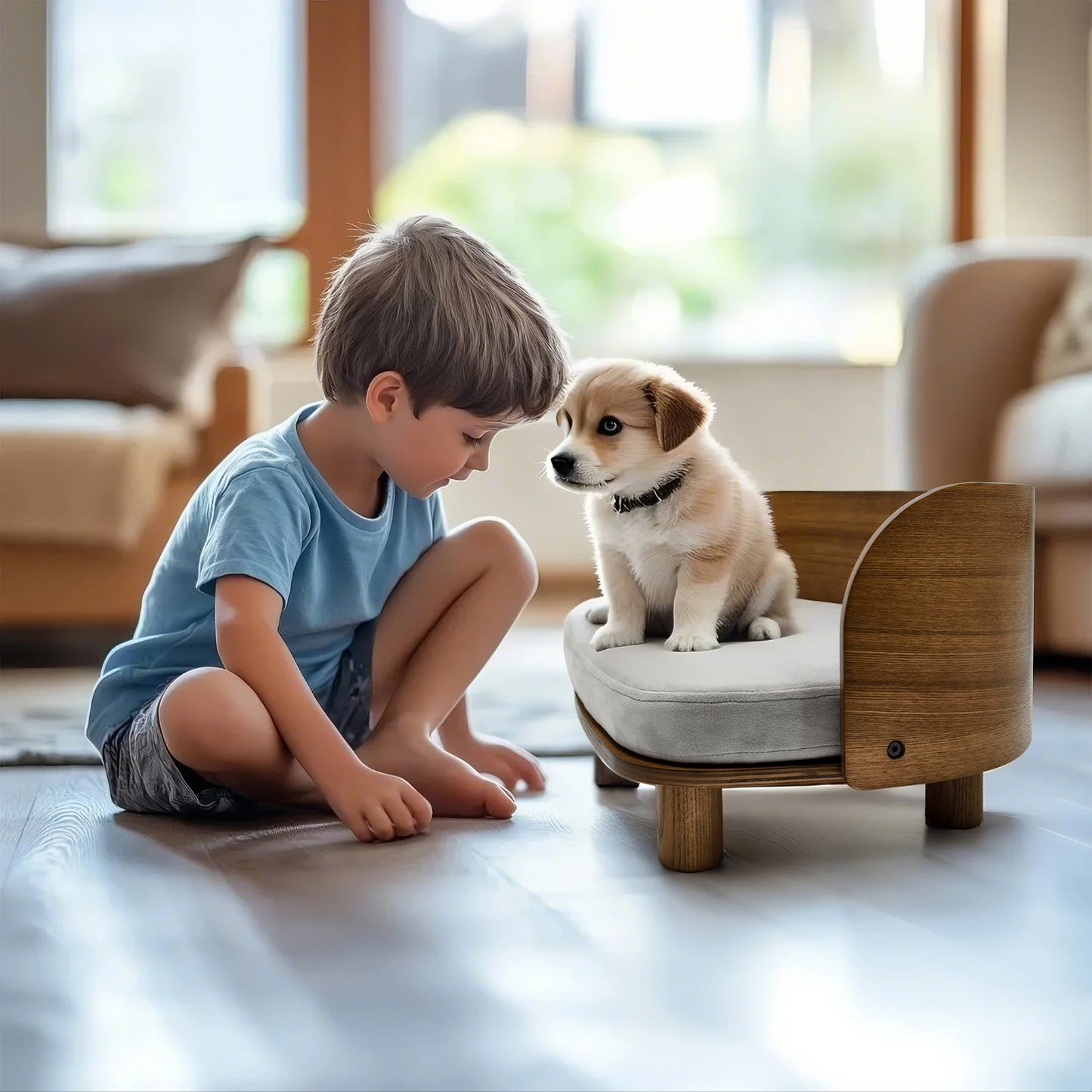 Wooden Cat Furniture Elevated Pet Stool Bed with Cozy Pad for Indoor Animals