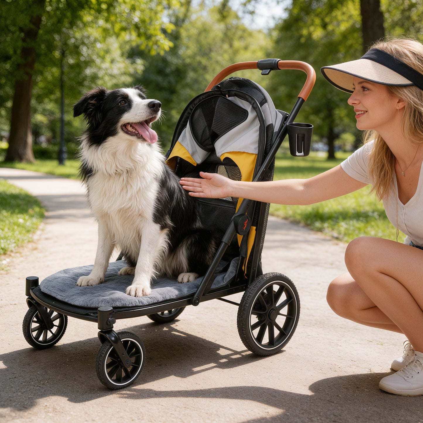 Dog Stroller for Medium Dogs up to 42kg, One Click Folding Pet Stroller with Zipper Door, Breathable Mesh, EVA 360° Wheels, Storage Bag, Brak