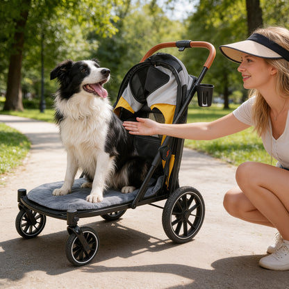 Dog Stroller for Medium Dogs up to 42kg, One Click Folding Pet Stroller with Zipper Door, Breathable Mesh, EVA 360° Wheels, Storage Bag, Brak
