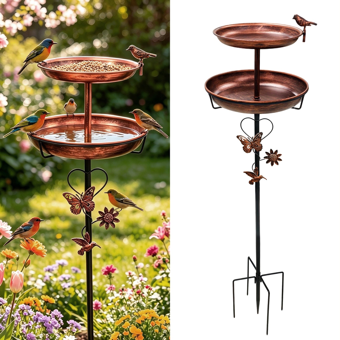 2 Tier Outdoor Bird Bath and Feeder, Decorative Standing Bird Bath for Outside Yard, Heavy Duty Garden Bird Feeder Station, Aged Bronze
