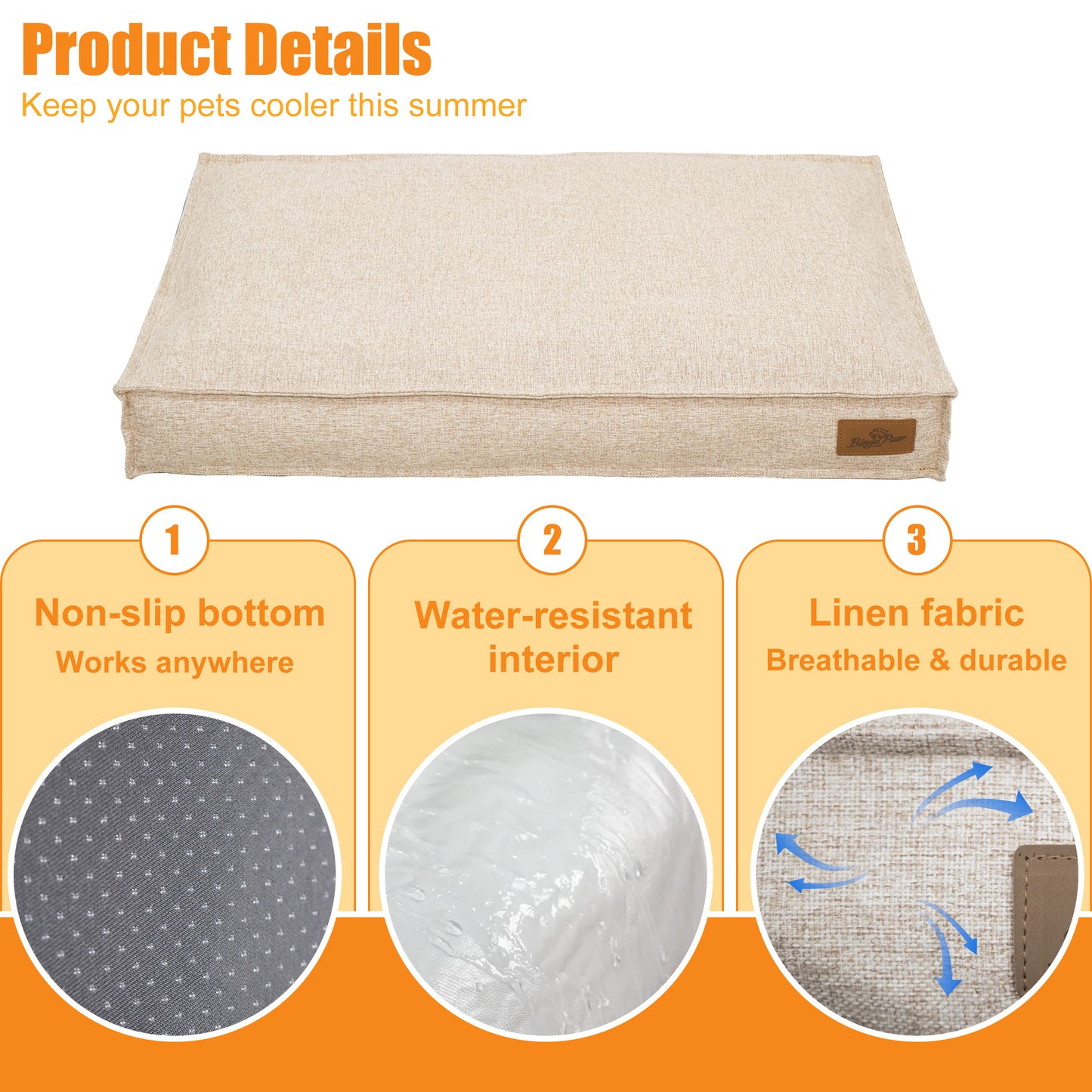 Soft Linen Dog Bed with Removable Washable Cover, Flat Pet Bed Mat for Crate, Shredded Foam Filled Puppy Pad with Non-Slip Bottom