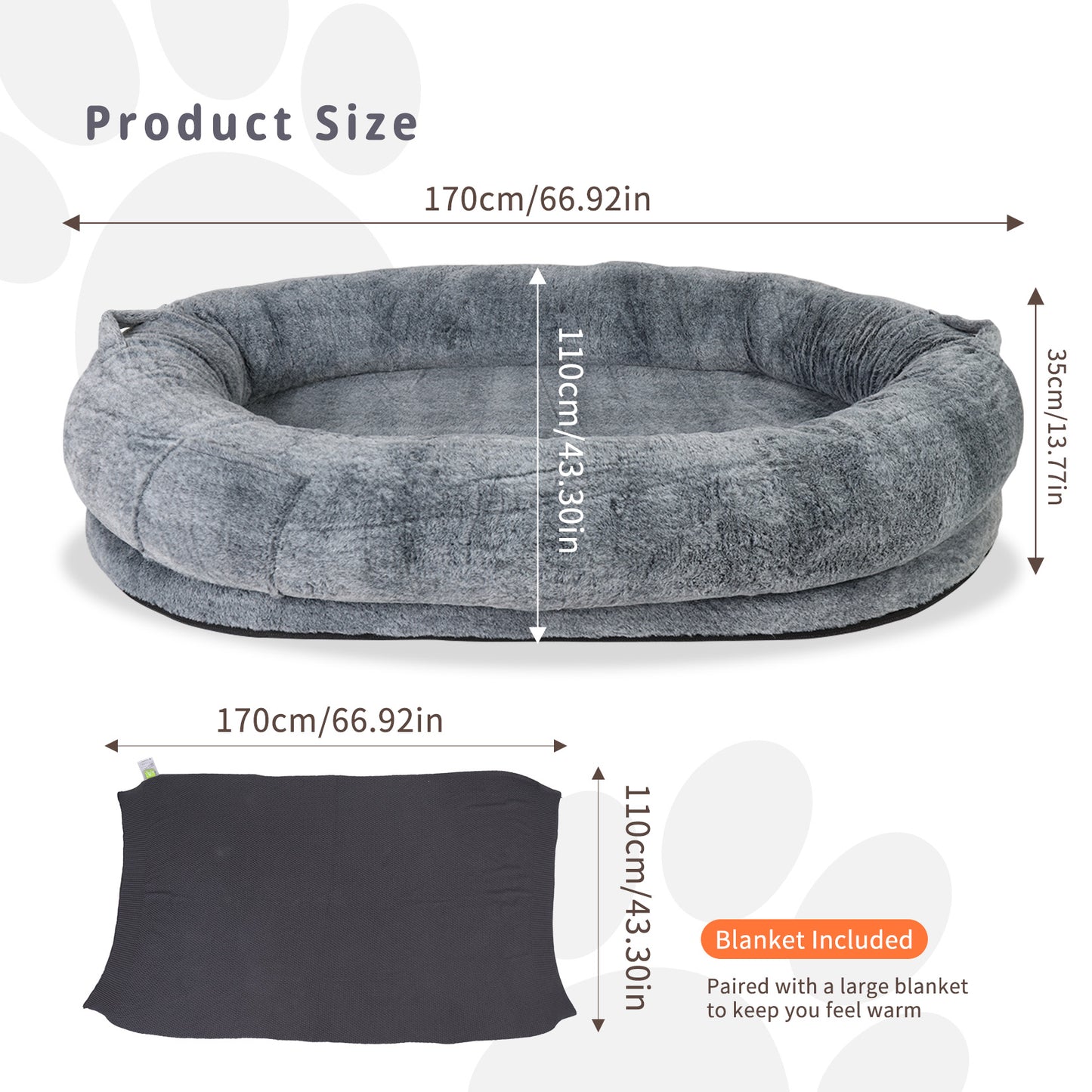 Giant Oval Dog Bed Extra Large Dog Bed for You and Pets Warm Sleeping Bed Grey