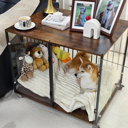 2025 Dog Crate Furniture: Self-Innovative Furniture Style Tempered Glass Dog Cage w/ Side Table Iron Ventilated Bars, Anti-bite Pet Kennel Indoor