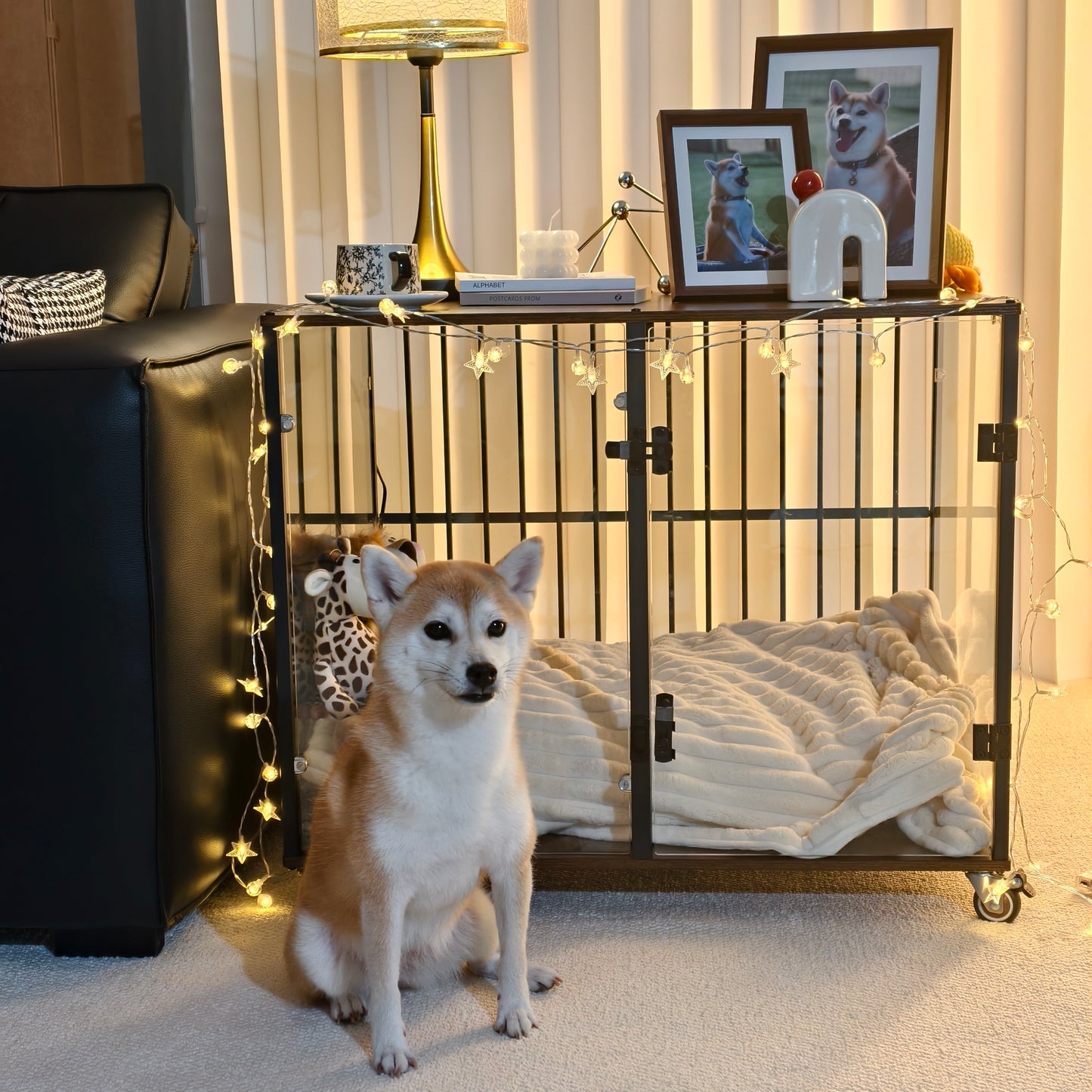 2025 Dog Crate Furniture: Self-Innovative Furniture Style Tempered Glass Dog Cage w/ Side Table Iron Ventilated Bars, Anti-bite Pet Kennel Indoor