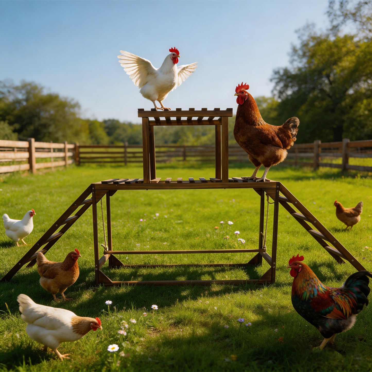 Chicken Perches Swing: Chicken Roosting Bars Wooden Chicken Climbing Frame with Swing & Ladder, Activity Play Toys for 8-10 Chickens, for Birds