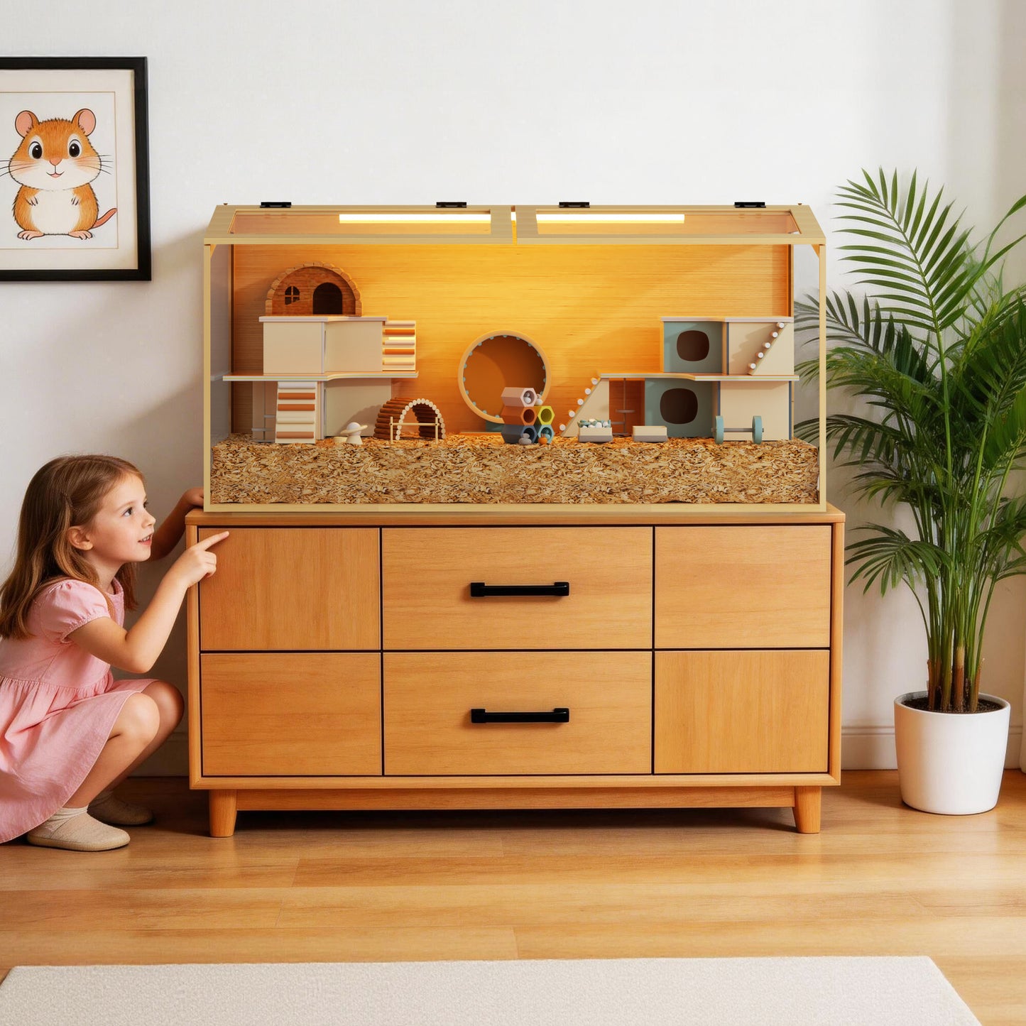 Tempered Glass Hamster Cage with LED Light, 40" Clear Small Animal Enclosure, Modern Wood Frame, Scratch Resistant, Deep Base for Burrowing
