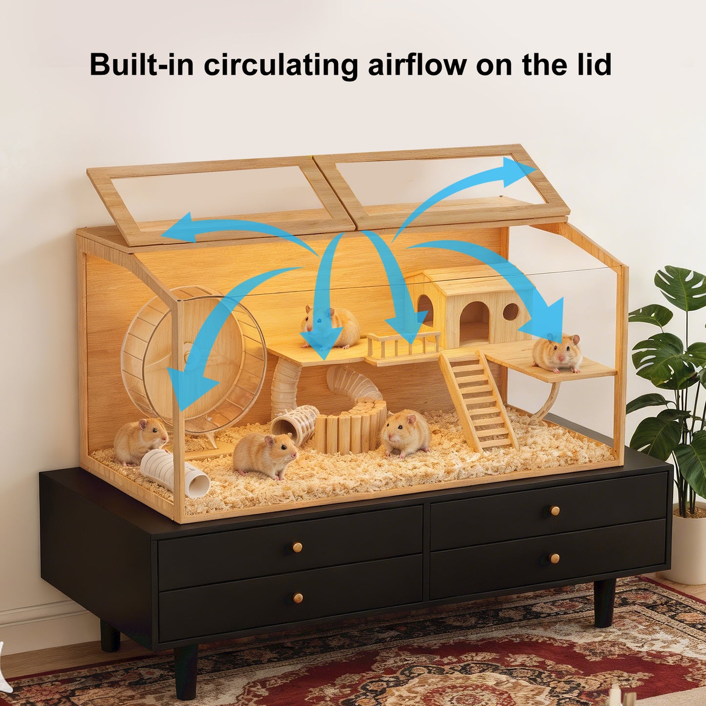 Tempered Glass Hamster Cage with LED Light, 40" Clear Small Animal Enclosure, Modern Wood Frame, Scratch Resistant, Deep Base for Burrowing