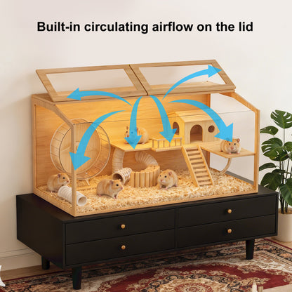 Tempered Glass Hamster Cage with LED Light, 40" Clear Small Animal Enclosure, Modern Wood Frame, Scratch Resistant, Deep Base for Burrowing