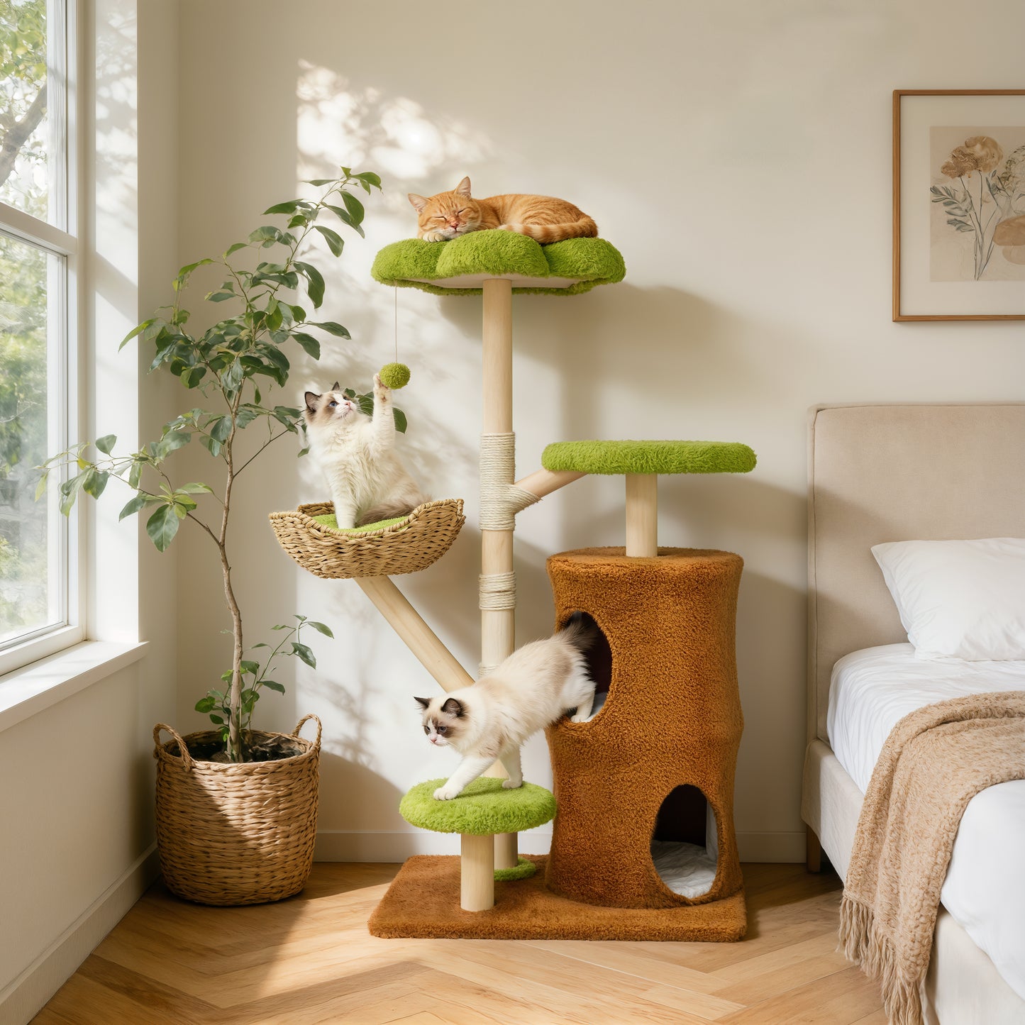 Multi-Level Cat Tower: 55.91-Inch Tall Cat Tower for Indoor Cat, Kitten Play Center with Scratching Posts, Top Perches, Hideaways, Vivid Green
