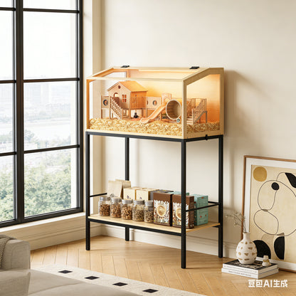 Hamster Cage with Stand: Indoor Wooden Hamster Cage Habitat Enclosure with Shelf Clear Tempered Glass Panel, Built-in LED Lights, for Gerbil, Hedgehog, Chew-proof