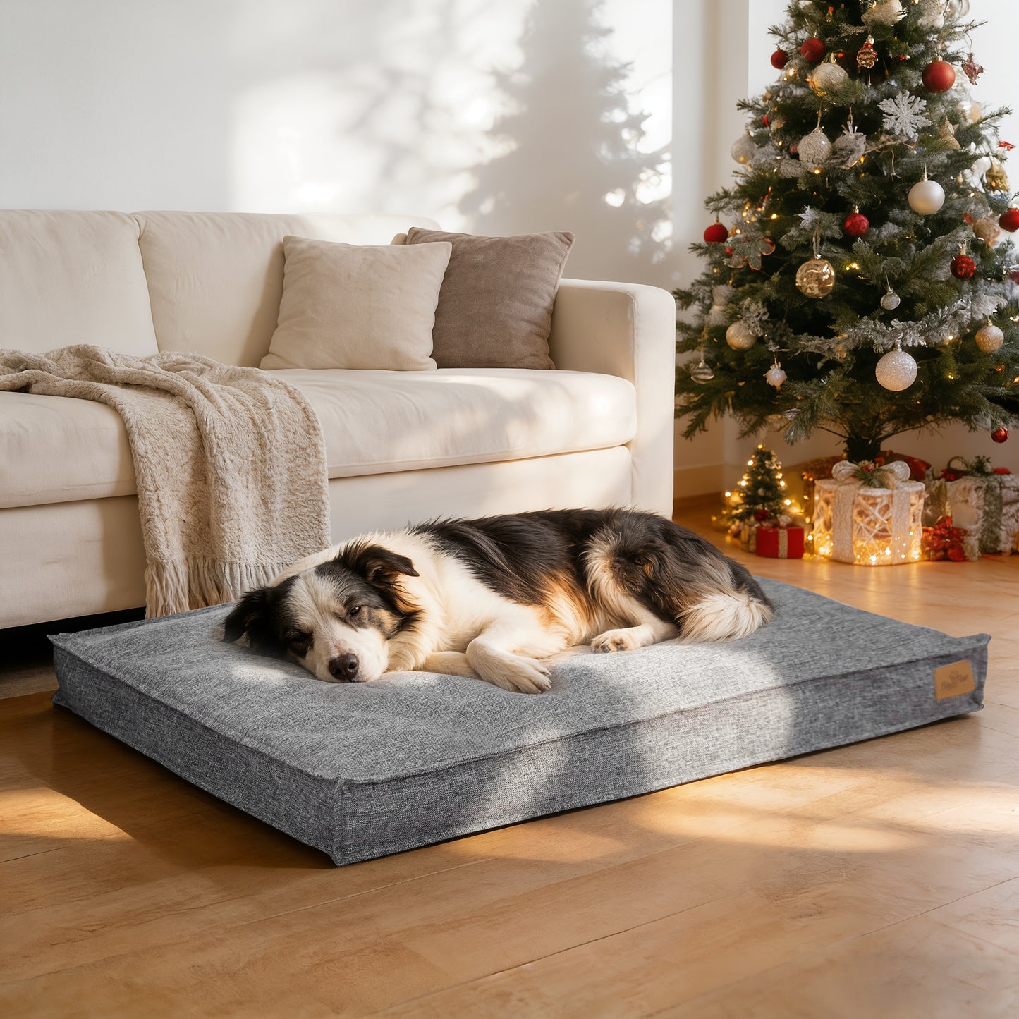 Soft Linen Dog Bed with Removable Washable Cover, Flat Pet Bed Mat for Crate, Shredded Foam Filled Puppy Pad with Non-Slip Bottom