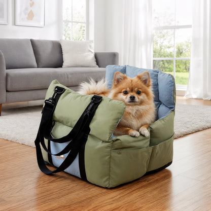 Puppy Travel Carrier Bed: Dog Booster Car Seat Pet Travel Carrier Bed with Safety Belt, Storage Pocket for Vehicles, Shoulder Strap/ Handle