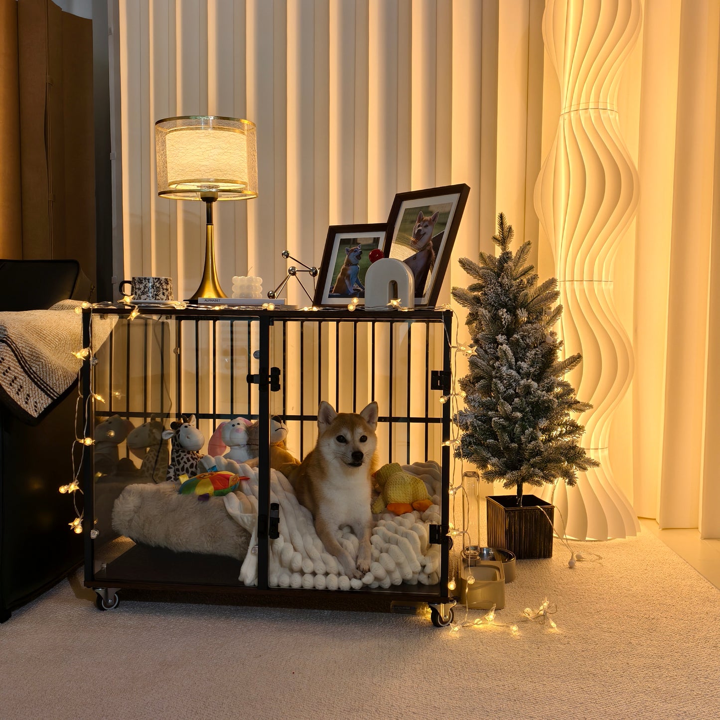 2025 Dog Crate Furniture: Self-Innovative Furniture Style Tempered Glass Dog Cage w/ Side Table Iron Ventilated Bars, Anti-bite Pet Kennel Indoor