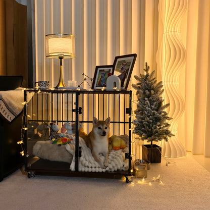2025 Dog Crate Furniture: Self-Innovative Furniture Style Tempered Glass Dog Cage w/ Side Table Iron Ventilated Bars, Anti-bite Pet Kennel Indoor