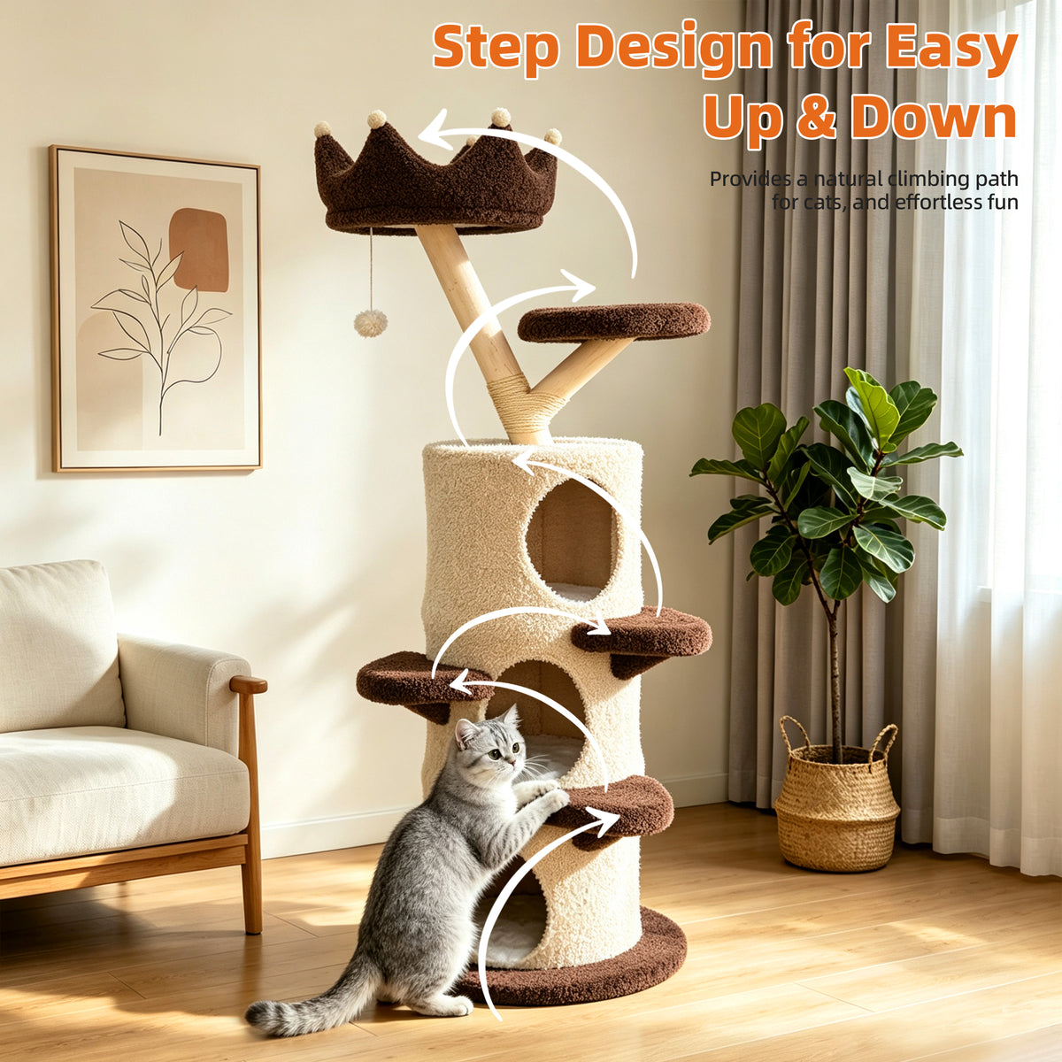 Modern Cat Tree with Cream & Brown Design, Large Cat Tree Multi-Level Tower, Cat Tree for Multiple Cats, Spacious Tree Trunk Cat Condo, Pet Furniture Gift