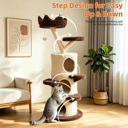 Modern Cat Tree with Cream & Brown Design, Large Cat Tree Multi-Level Tower, Cat Tree for Multiple Cats, Spacious Tree Trunk Cat Condo, Pet Furniture Gift