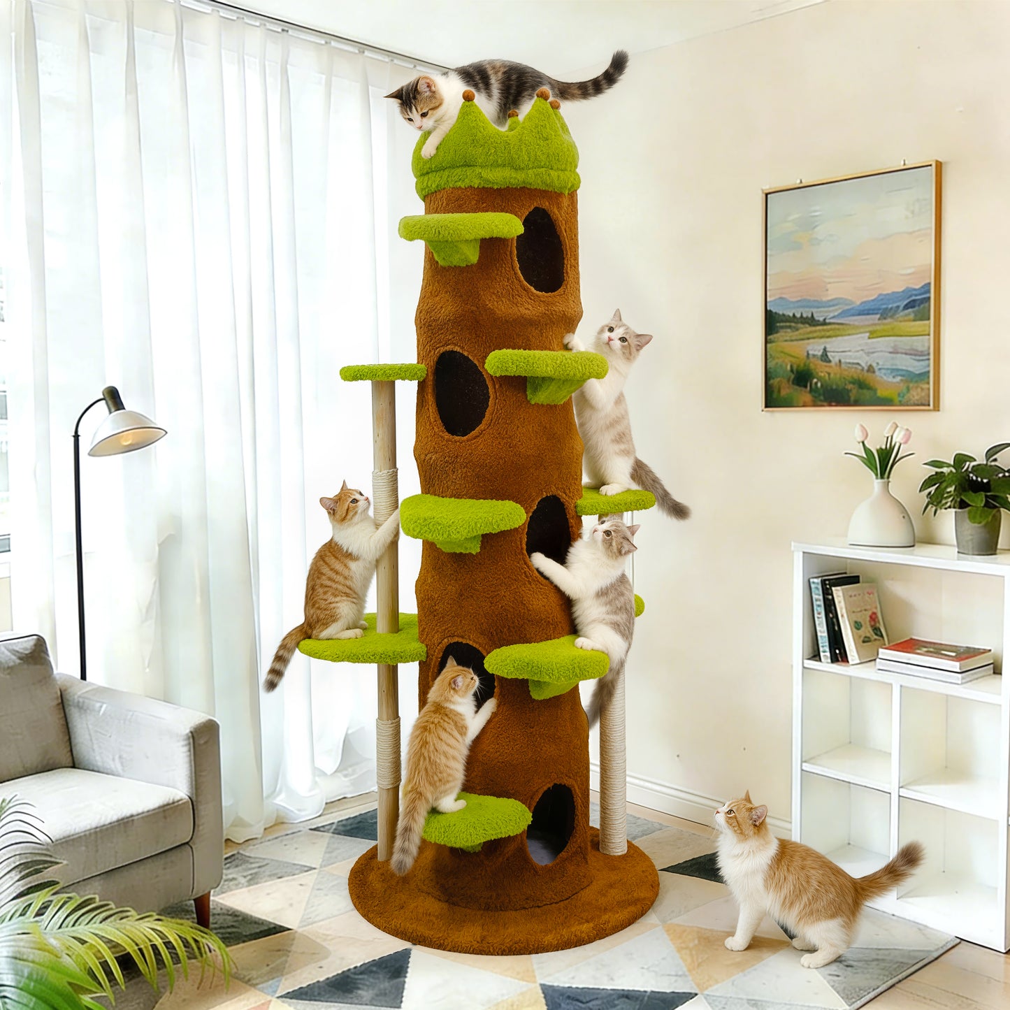 Large Cat Tree 73 Inch Modern Tall Cat Tree Tower, Tree Trunk Cat Condo with Multi-Level Platforms, Wooden Cat Tree for Indoor Multiple Cats and Kittens