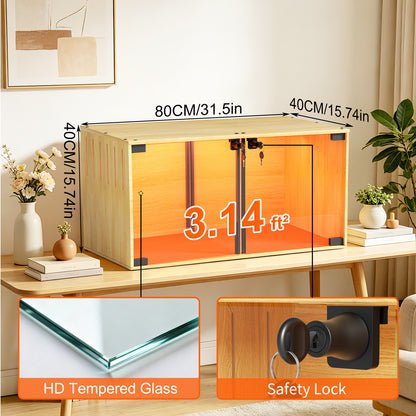 Wooden Pet Cage: Natural Wooden Hamster Guinea Pigs Cage Hedgehogs Enclosure with Tempered Glass Panels, Built-in LED Light, for Small Pets