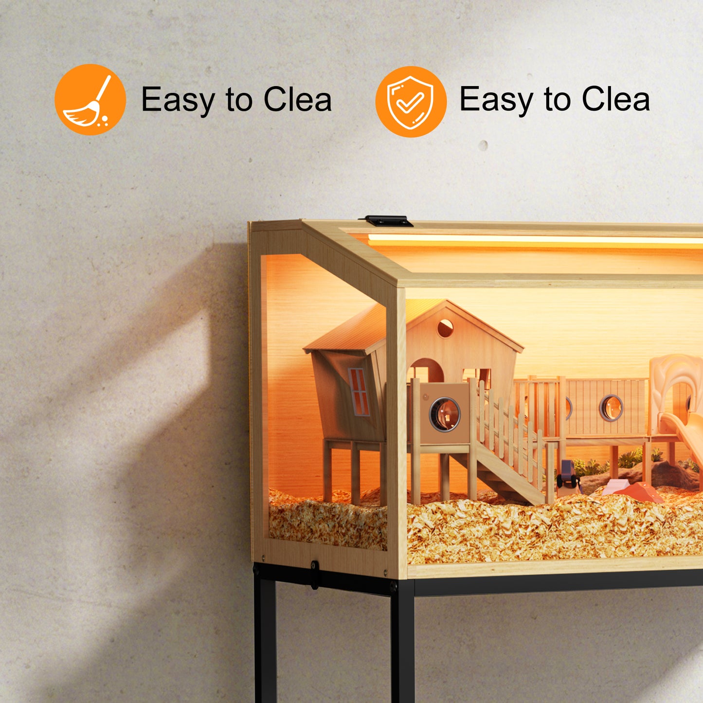 Hamster Cage with Stand: Indoor Wooden Hamster Cage Habitat Enclosure with Shelf Clear Tempered Glass Panel, Built-in LED Lights, for Gerbil, Hedgehog, Chew-proof
