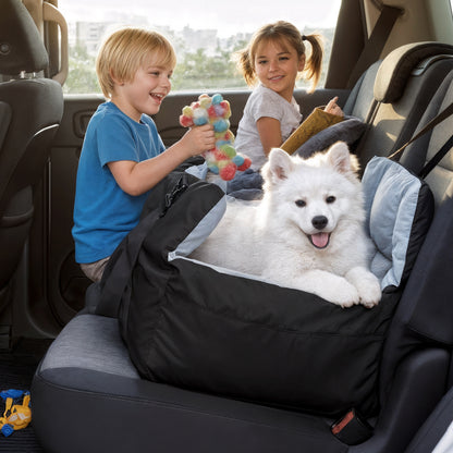 Puppy Travel Carrier Bed: Dog Booster Car Seat Pet Travel Carrier Bed with Safety Belt, Storage Pocket for Vehicles, Shoulder Strap/ Handle