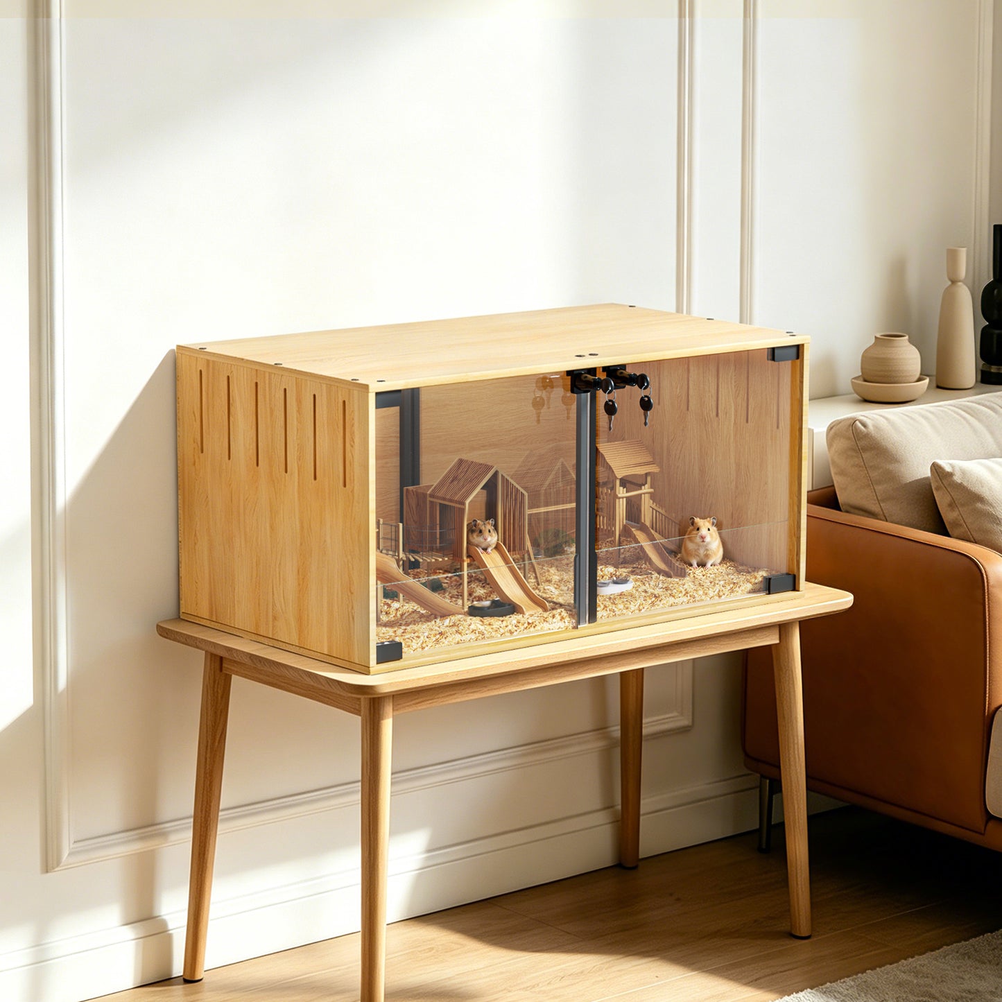 Wooden Pet Cage: Natural Wooden Hamster Guinea Pigs Cage Hedgehogs Enclosure with Tempered Glass Panels, Built-in LED Light, for Small Pets