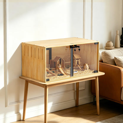 Wooden Pet Cage: Natural Wooden Hamster Guinea Pigs Cage Hedgehogs Enclosure with Tempered Glass Panels, Built-in LED Light, for Small Pets