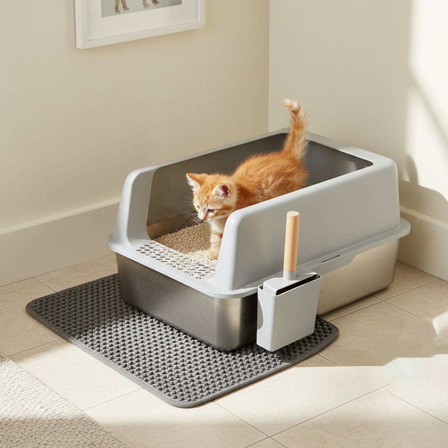 Stainless Steel Cat Litter Box High Sided Open Tray with Litter Mat for Kittens