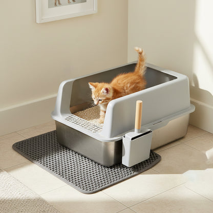 Stainless Steel Cat Litter Box High Sided Open Tray with Litter Mat for Kittens