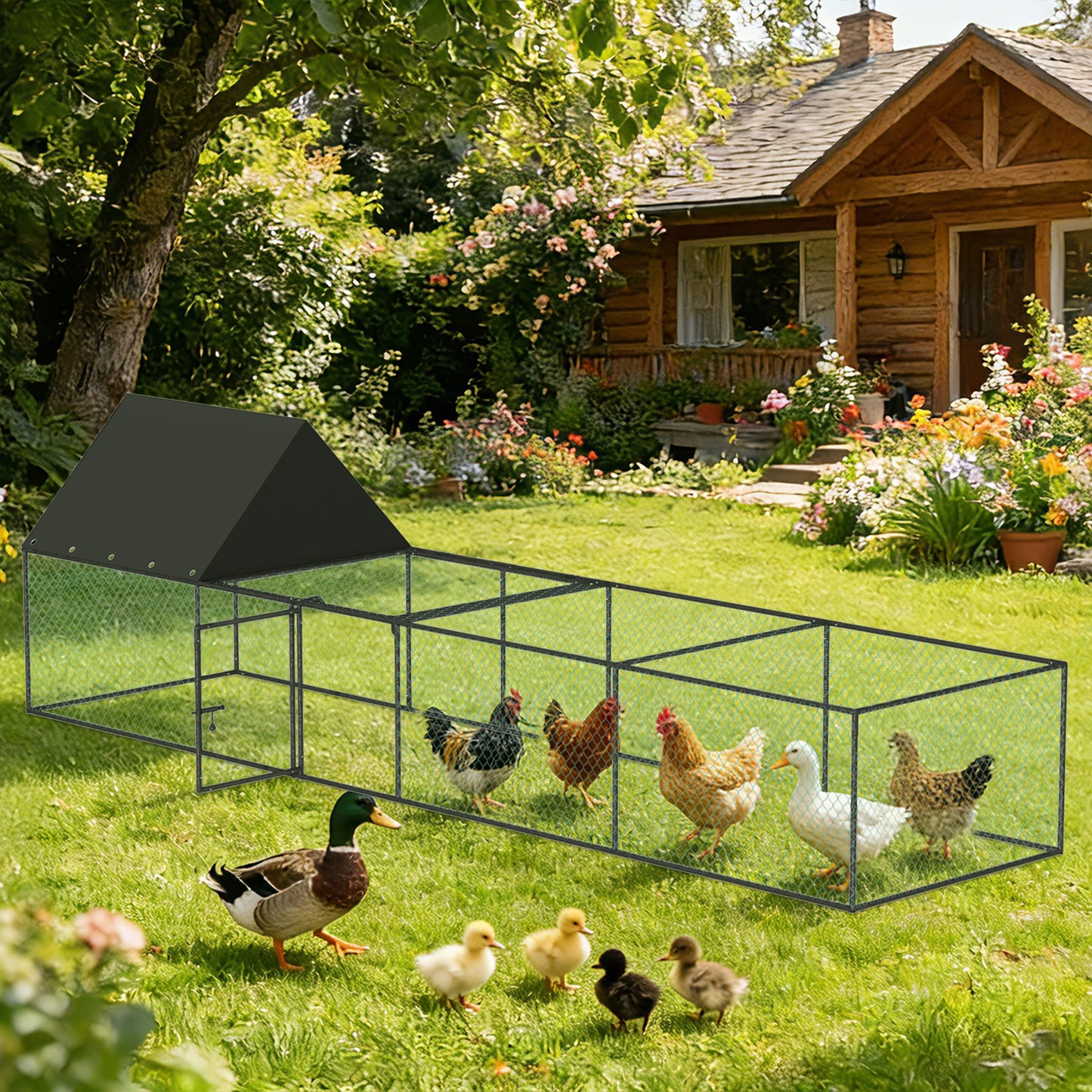 Metal Chicken Coop Outdoor Walk-In Hen House, Small Chicken Cage with Roof Cover, Heavy Duty Poultry Run Pen for Ducks and Quails