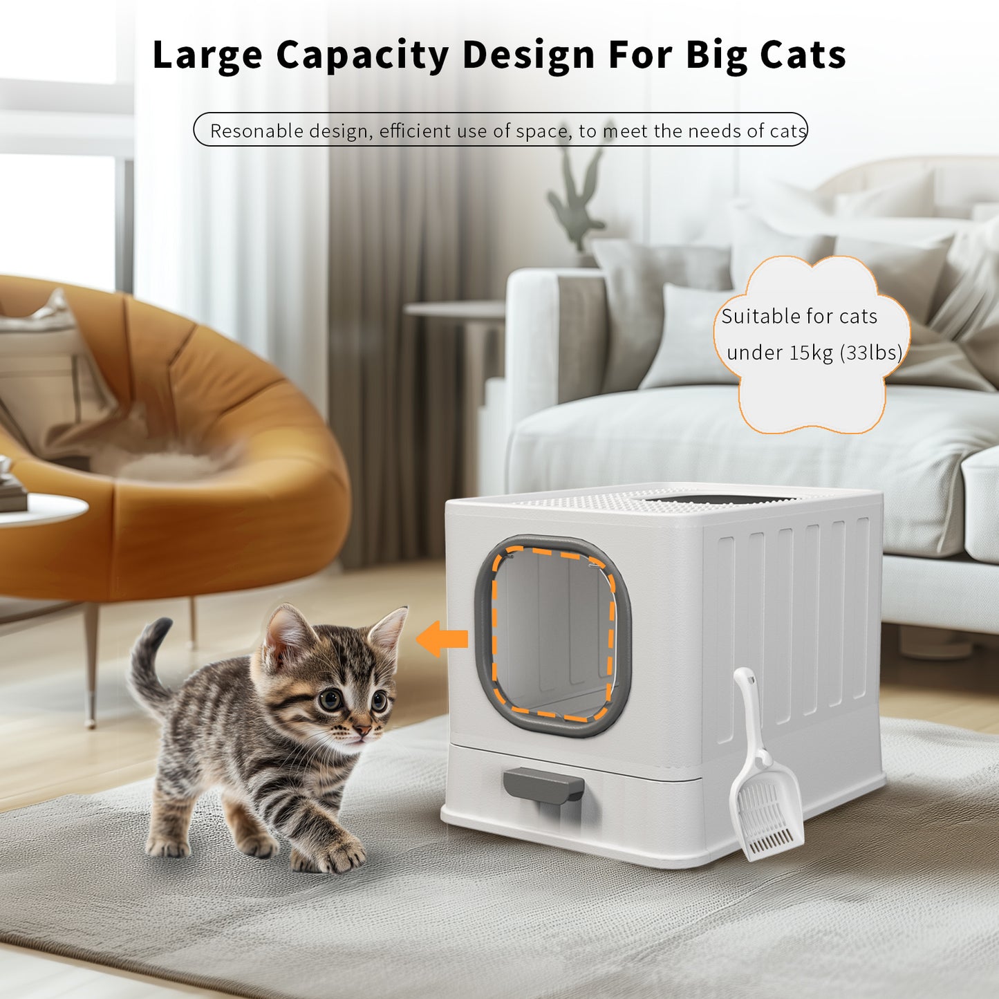 Large Cat Litter Box with Lid, Enclosed Drawer Type Litter Box with Scoop for Cat, Plastic Easy to Clean Cat Toilet 15x20 Inch