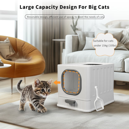 Large Cat Litter Box with Lid, Enclosed Drawer Type Litter Box with Scoop for Cat, Plastic Easy to Clean Cat Toilet 15x20 Inch