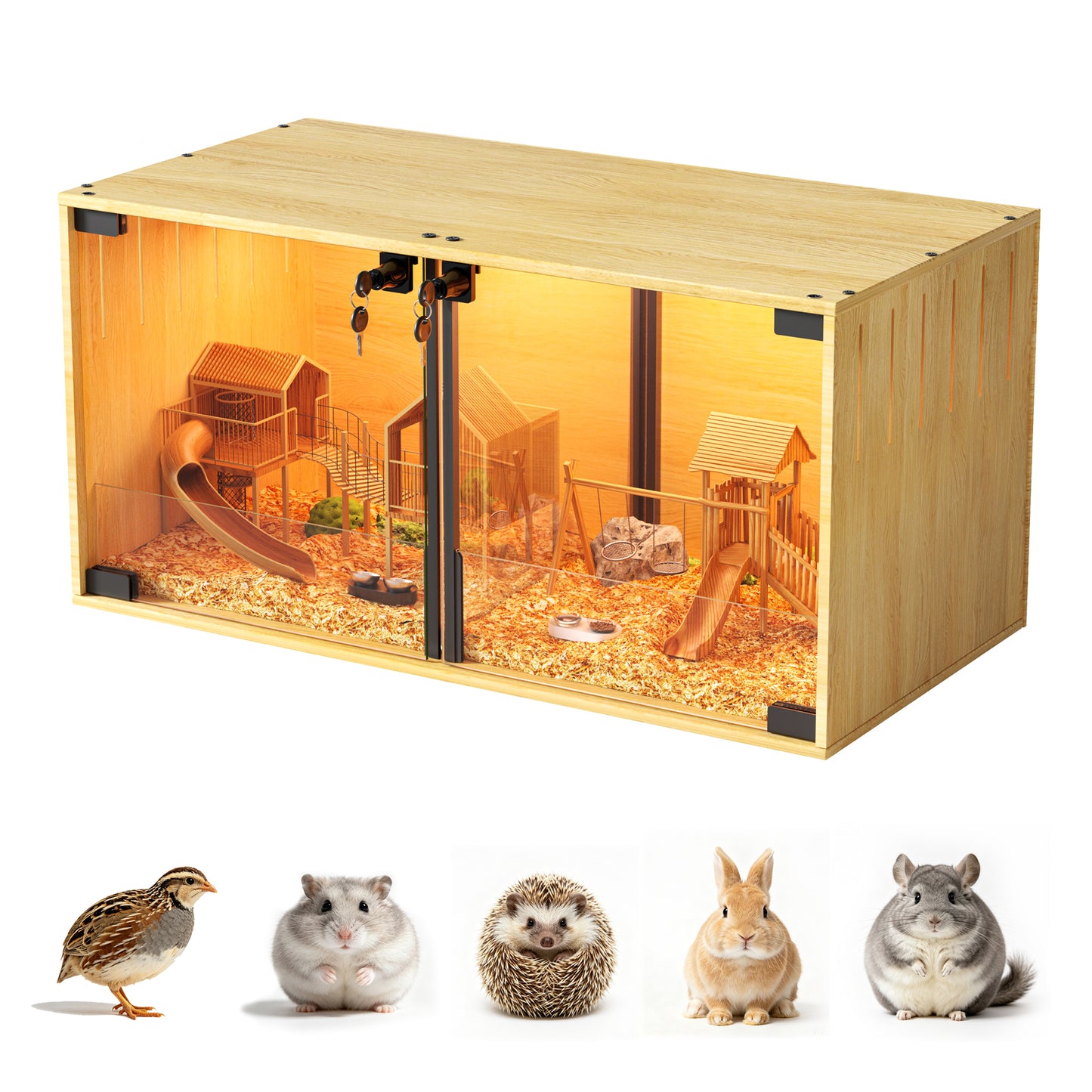 Wooden Pet Cage: Natural Wooden Hamster Guinea Pigs Cage Hedgehogs Enclosure with Tempered Glass Panels, Built-in LED Light, for Small Pets