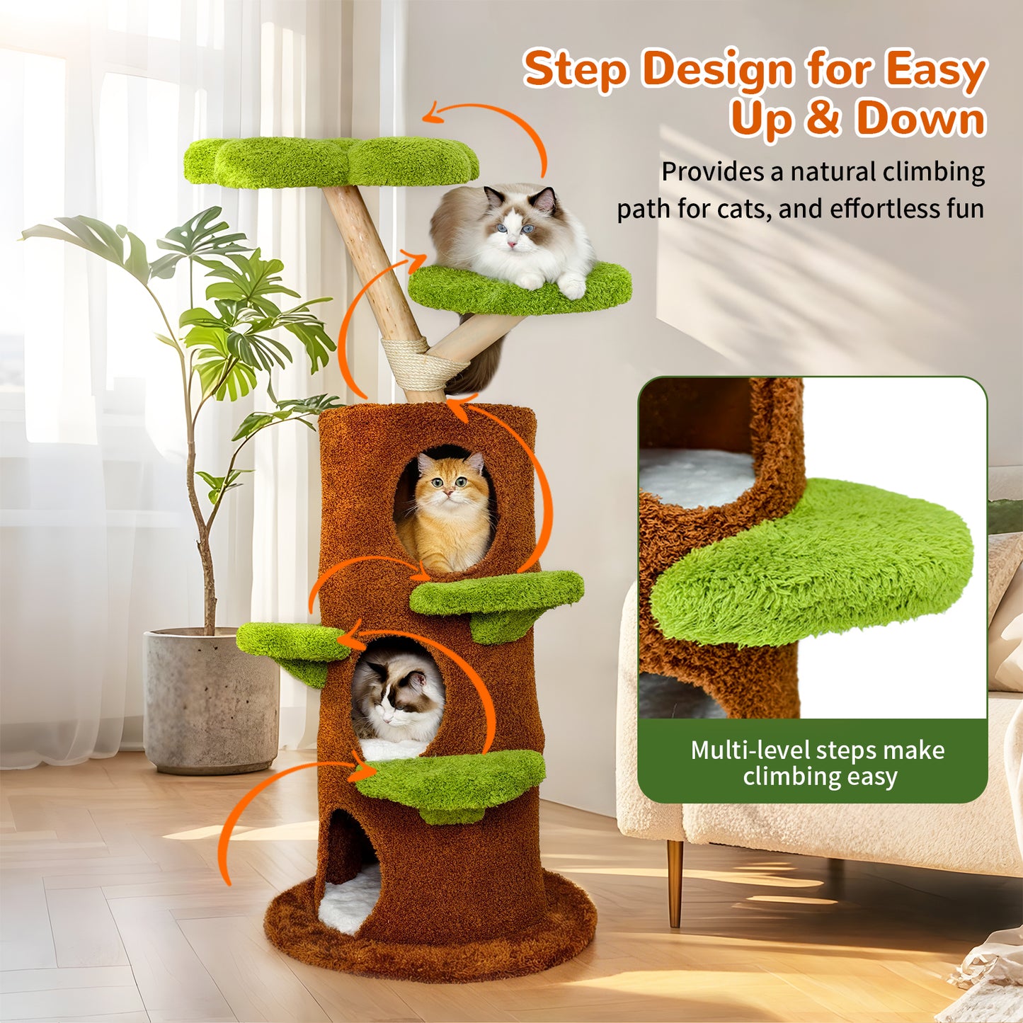 2025 Multi-Level Cat Tree, Large Cat Tower with Sturdy Wooden Frame, Sisal Rope Scratching Post, Modern Cat Condo for Indoor Cats