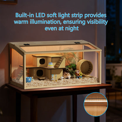 Chew-proof Hamster Cage: Indoor Wooden Hamster Cage with Clear Tempered Glass Panel, Built-in Light, Tabletop Hamsters Habitat Enclosure for Pets