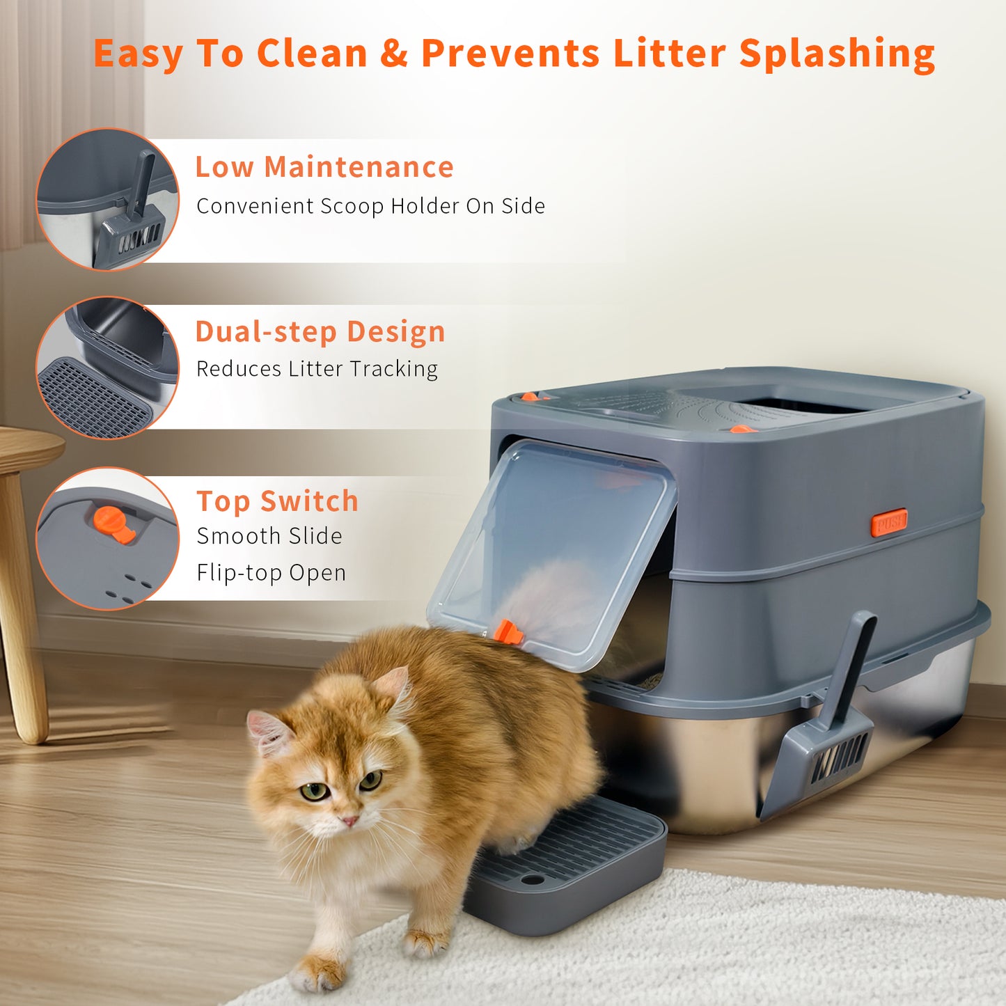 Cat Litter Box: Enclosed Cat Kitty Litter Box with Stainless Steel Tray Pan, Front Top Exit Toilet Boxes with Removable Lid, Non Stick, No Smell, Scoop Included