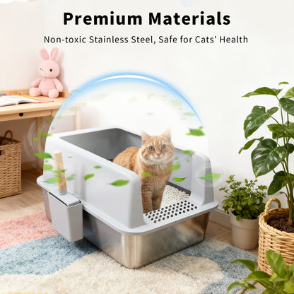 Stainless Steel Cat Litter Box High Sided Open Tray with Litter Mat for Kittens
